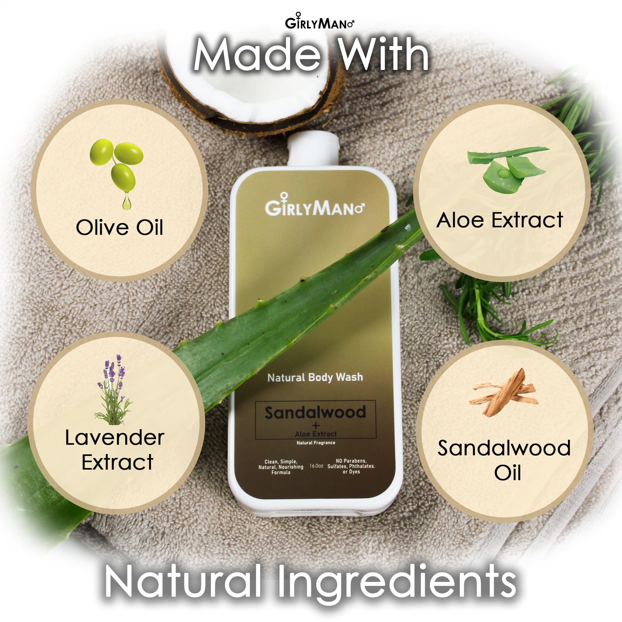 GirlyMan Natural Body Wash - Made with Olive Oil & Aloe Extract, No Artificial Fragrance, PH Balanced, Gentle Formula, Nourishing Ingredients, Family Owned (Sandalwood)